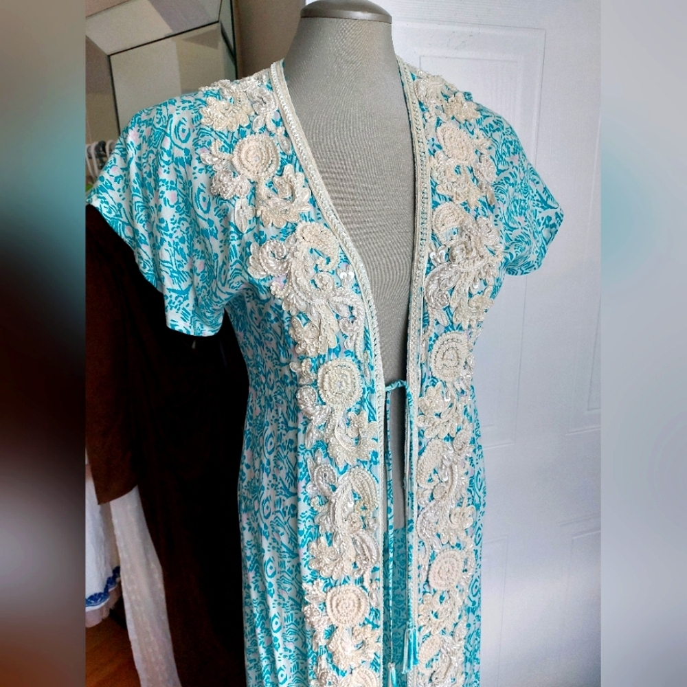 Turquoise and Cream Floral Embroidered Duster Medium
